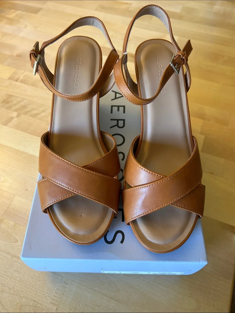 AEROSOLES Cognac Crisscross Ankle-Strap Sandals